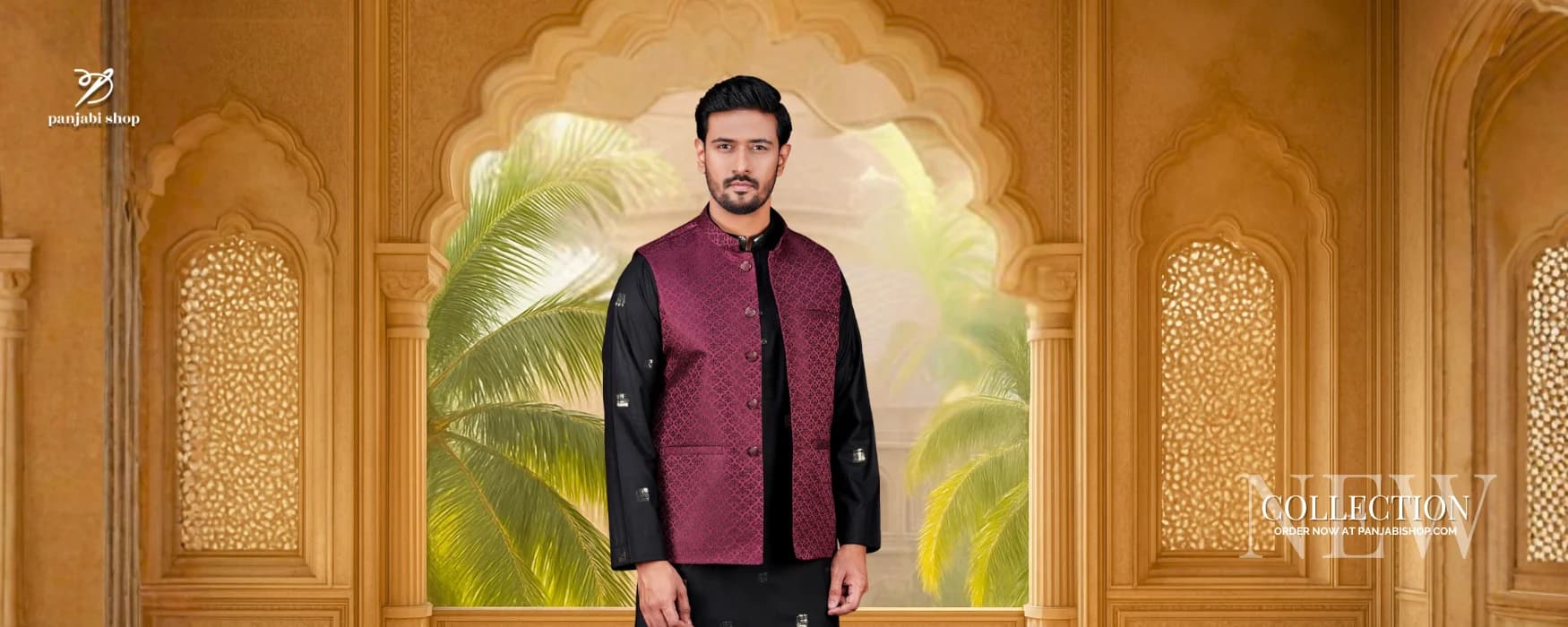Panjabi Shop new collection — burgundy waistcoat with black Panjabi