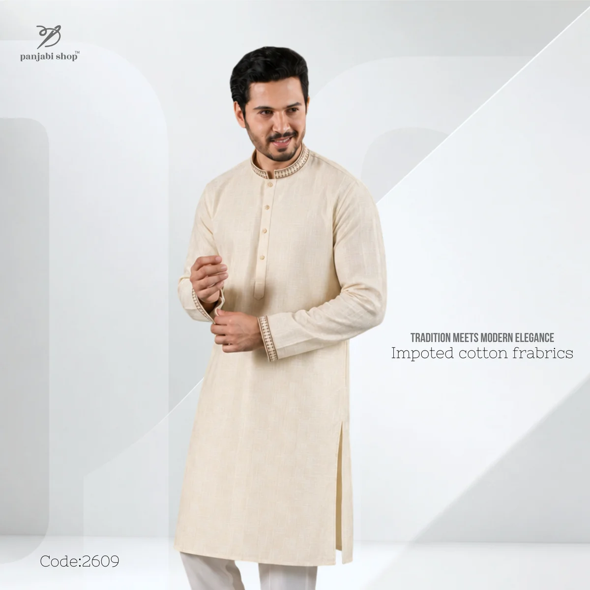 Embroydery panjabi — Creamy Beige